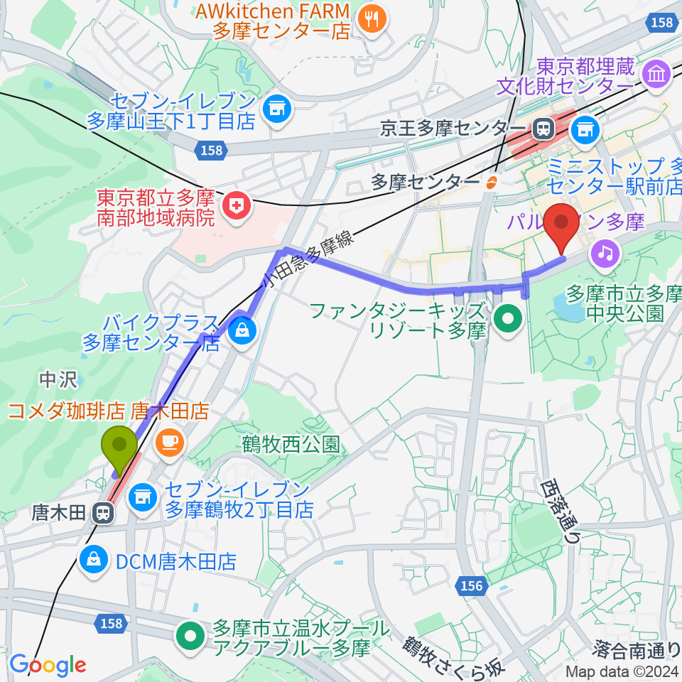 唐木田駅からココリア多摩センター ココリアホールへのルートマップ地図