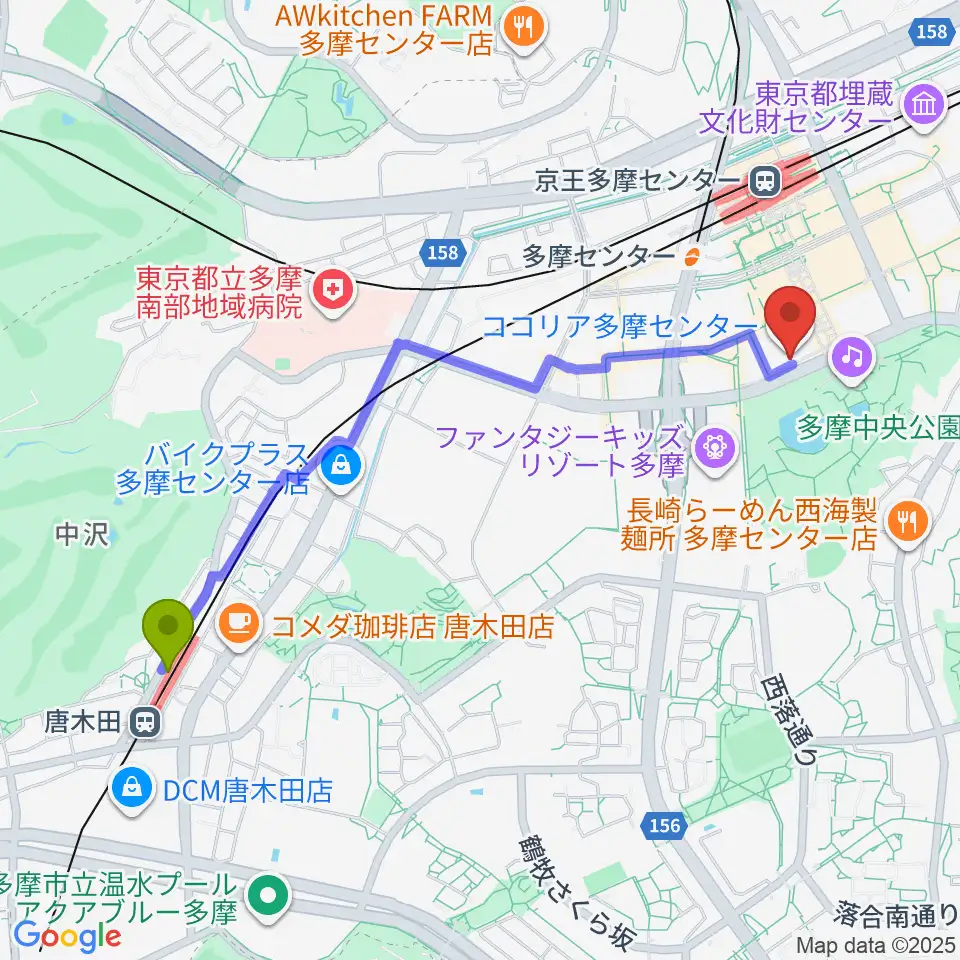 唐木田駅からココリア多摩センター ココリアホールへのルートマップ地図