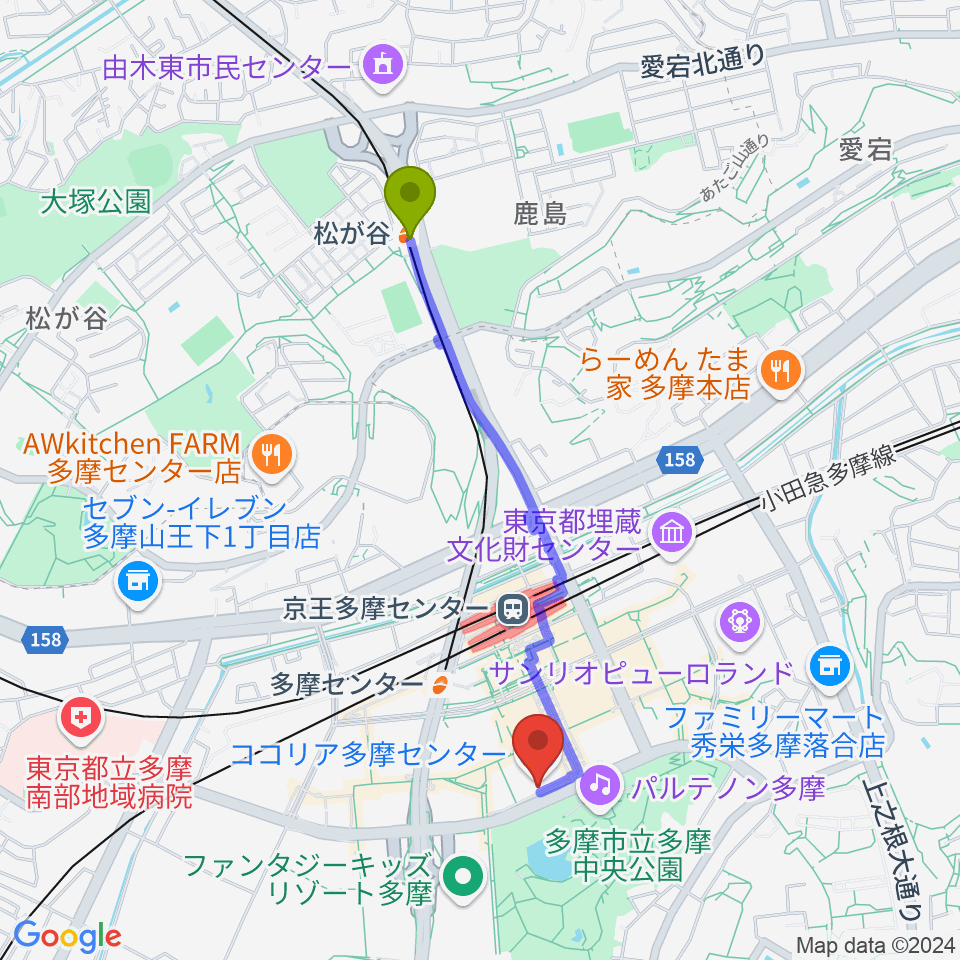 松が谷駅からココリア多摩センター ココリアホールへのルートマップ地図