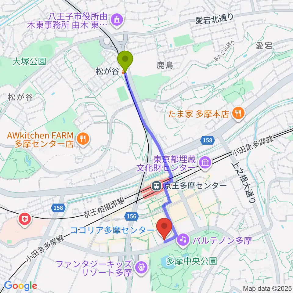 松が谷駅からココリア多摩センター ココリアホールへのルートマップ地図