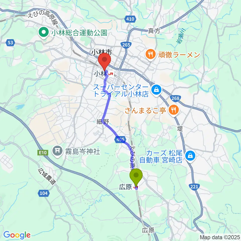 広原駅から小林市文化会館へのルートマップ地図