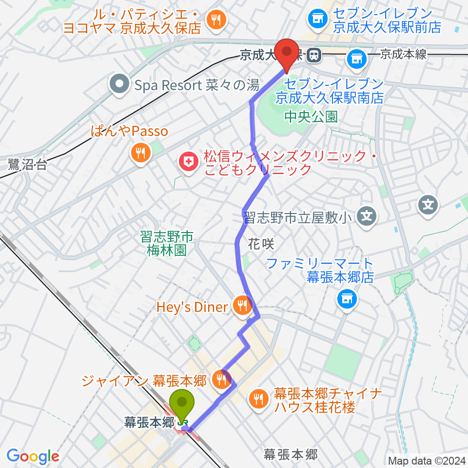 幕張本郷駅からプラッツ習志野市民ホールへのルートマップ地図