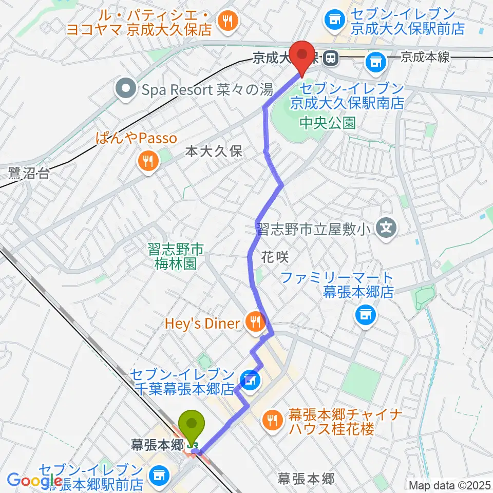 幕張本郷駅からプラッツ習志野市民ホールへのルートマップ地図