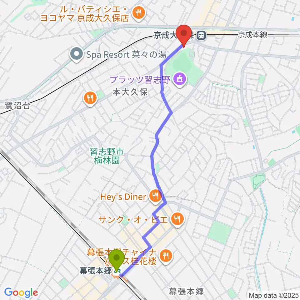 幕張本郷駅からプラッツ習志野市民ホールへのルートマップ地図