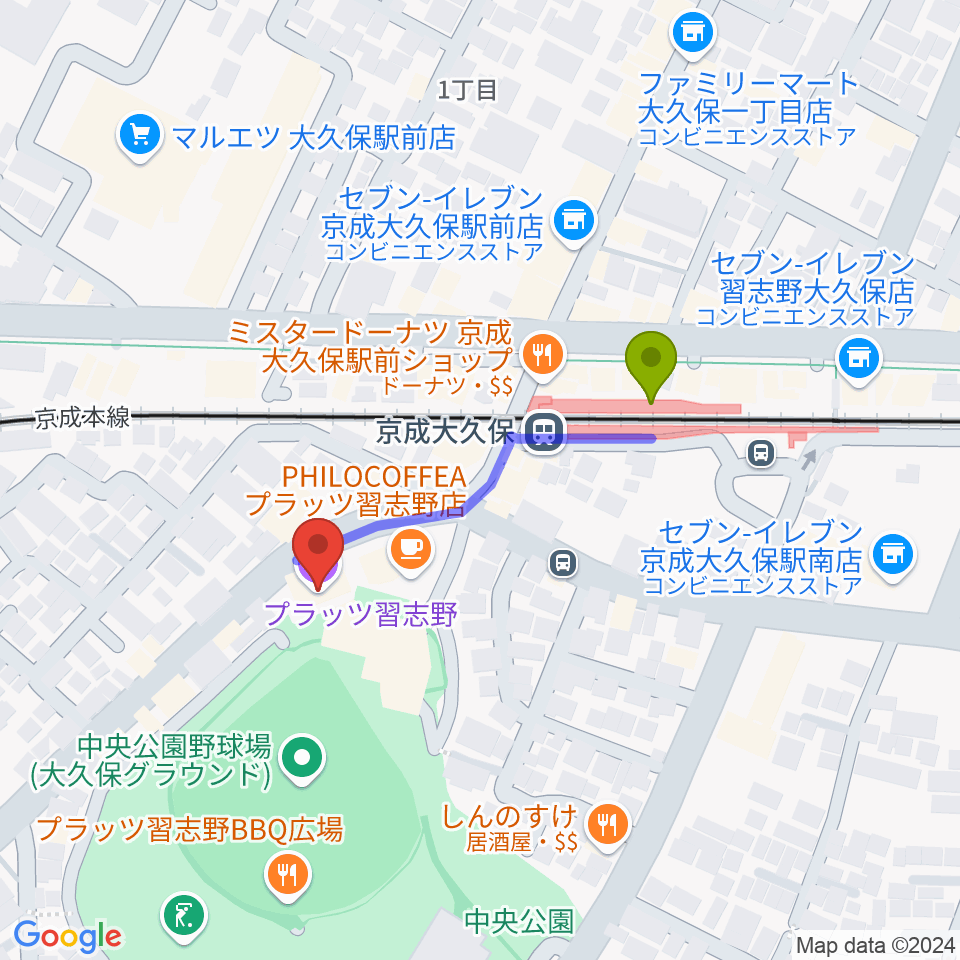 プラッツ習志野市民ホールの最寄駅京成大久保駅からの徒歩ルート（約3分）地図