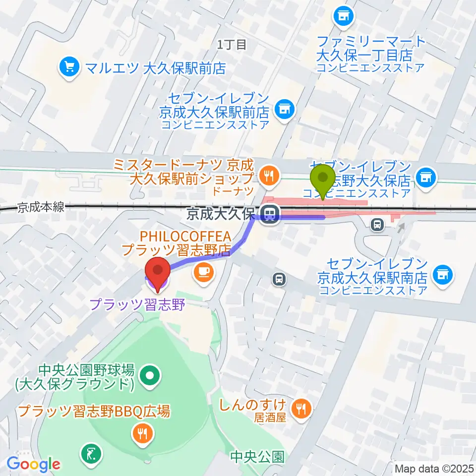 プラッツ習志野市民ホールの最寄駅京成大久保駅からの徒歩ルート（約3分）地図