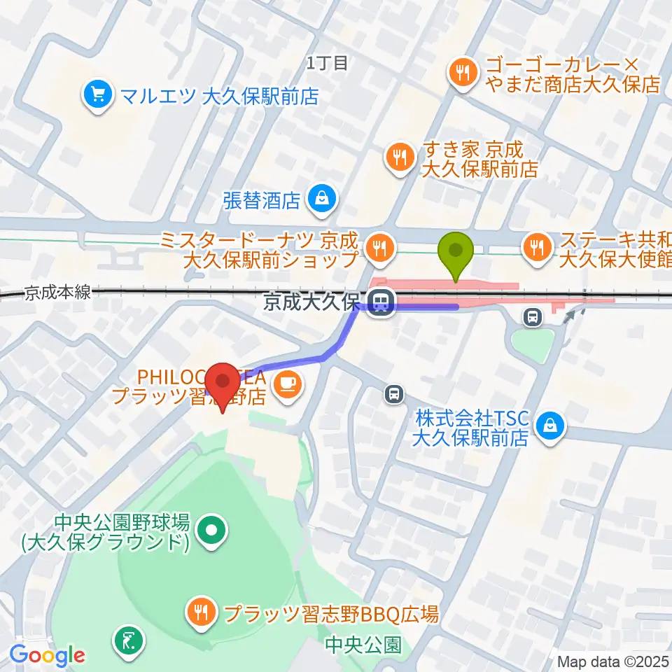 プラッツ習志野市民ホールの最寄駅京成大久保駅からの徒歩ルート（約3分）地図
