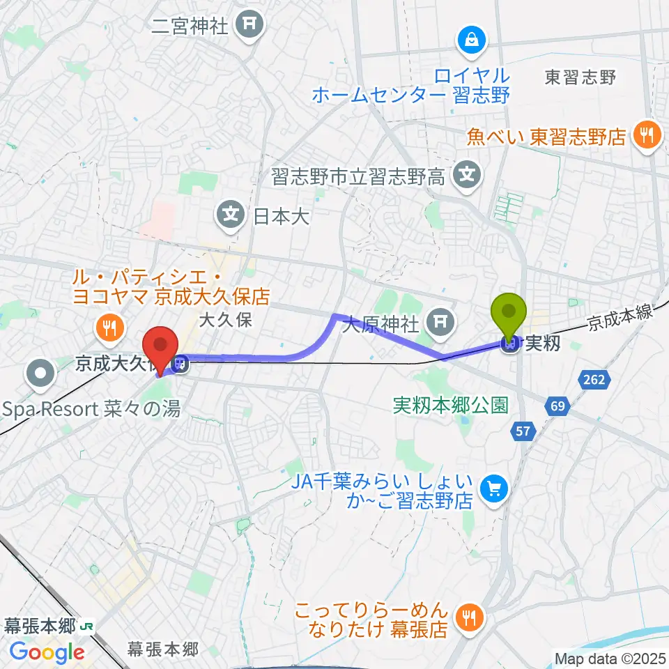 実籾駅からプラッツ習志野市民ホールへのルートマップ地図