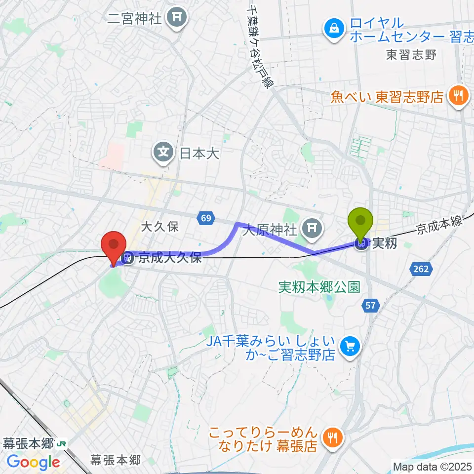 実籾駅からプラッツ習志野市民ホールへのルートマップ地図