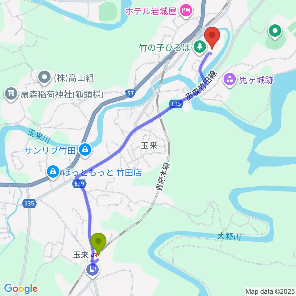玉来駅から竹田市総合文化ホール グランツたけたへのルートマップ地図