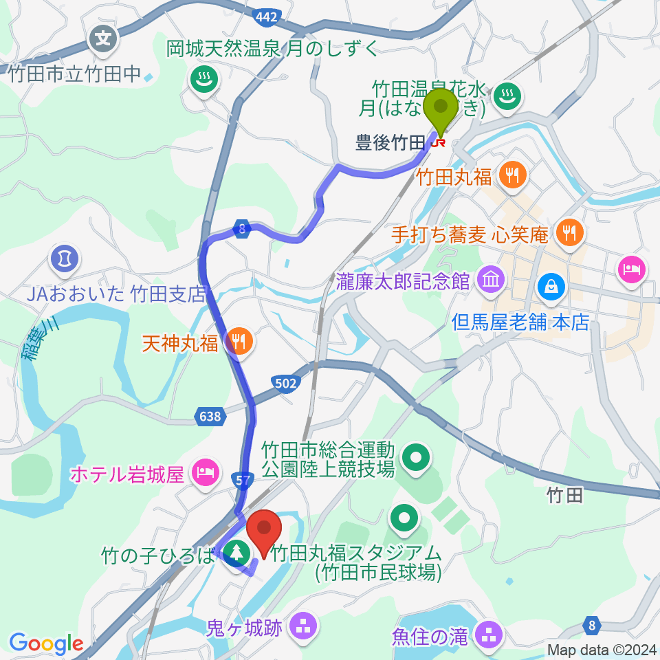 竹田市総合文化ホール グランツたけたの最寄駅豊後竹田駅からの徒歩ルート（約22分）地図