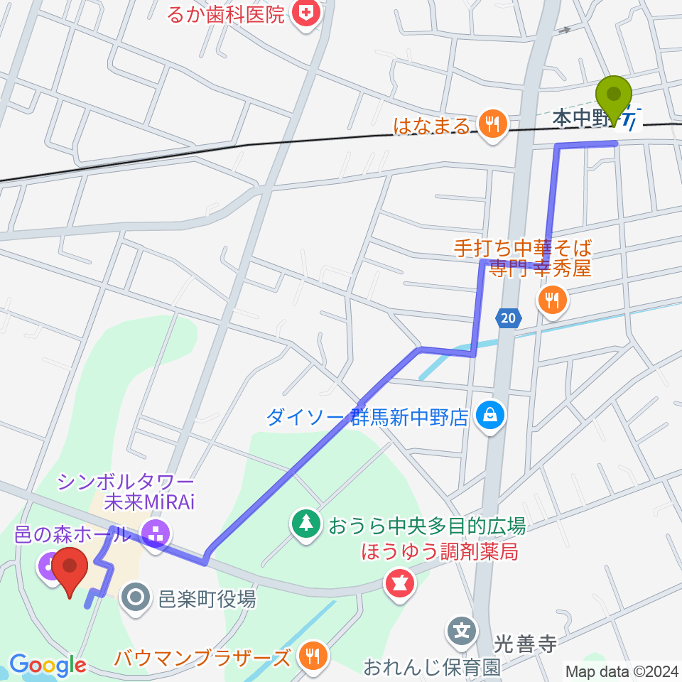 邑楽町中央公民館の最寄駅本中野駅からの徒歩ルート（約16分）地図