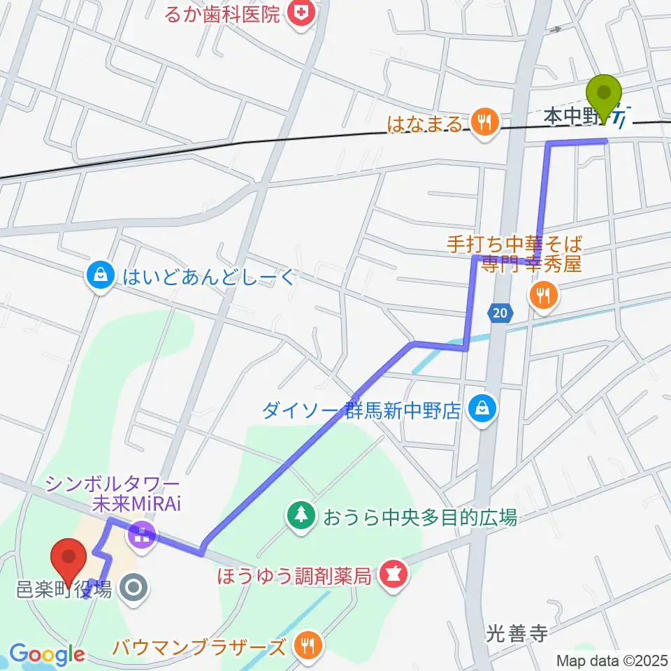 邑楽町中央公民館の最寄駅本中野駅からの徒歩ルート（約16分）地図