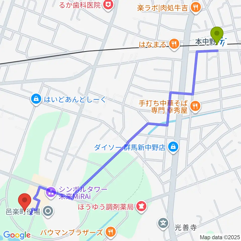 邑楽町中央公民館の最寄駅本中野駅からの徒歩ルート（約16分）地図