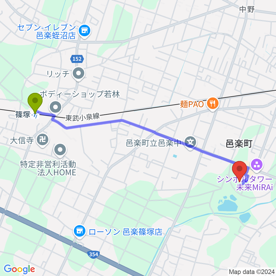 篠塚駅から邑楽町中央公民館へのルートマップ地図