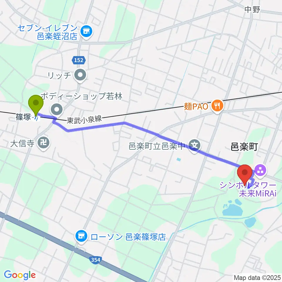 篠塚駅から邑楽町中央公民館へのルートマップ地図