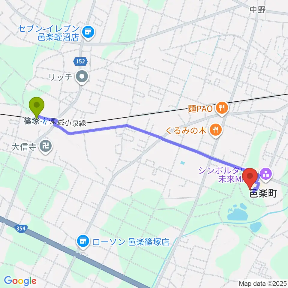 篠塚駅から邑楽町中央公民館へのルートマップ地図