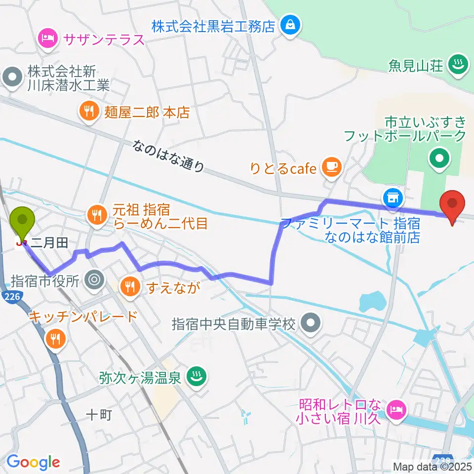 指宿市民会館の最寄駅二月田駅からの徒歩ルート（約30分）地図