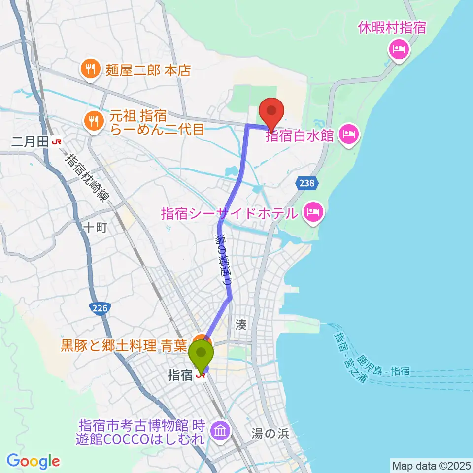 指宿駅から指宿市民会館へのルートマップ地図