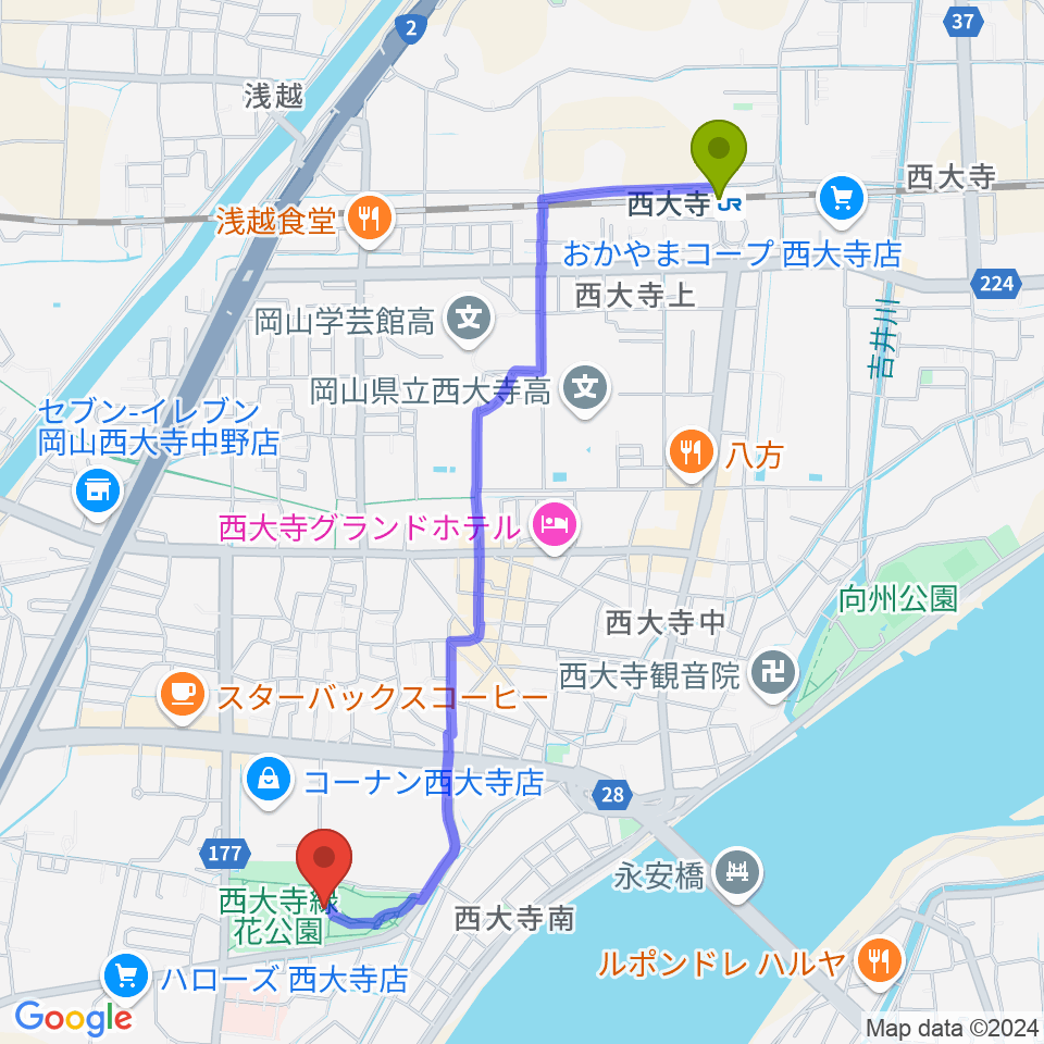 西大寺緑花公園・百花プラザの最寄駅西大寺駅からの徒歩ルート（約24分）地図