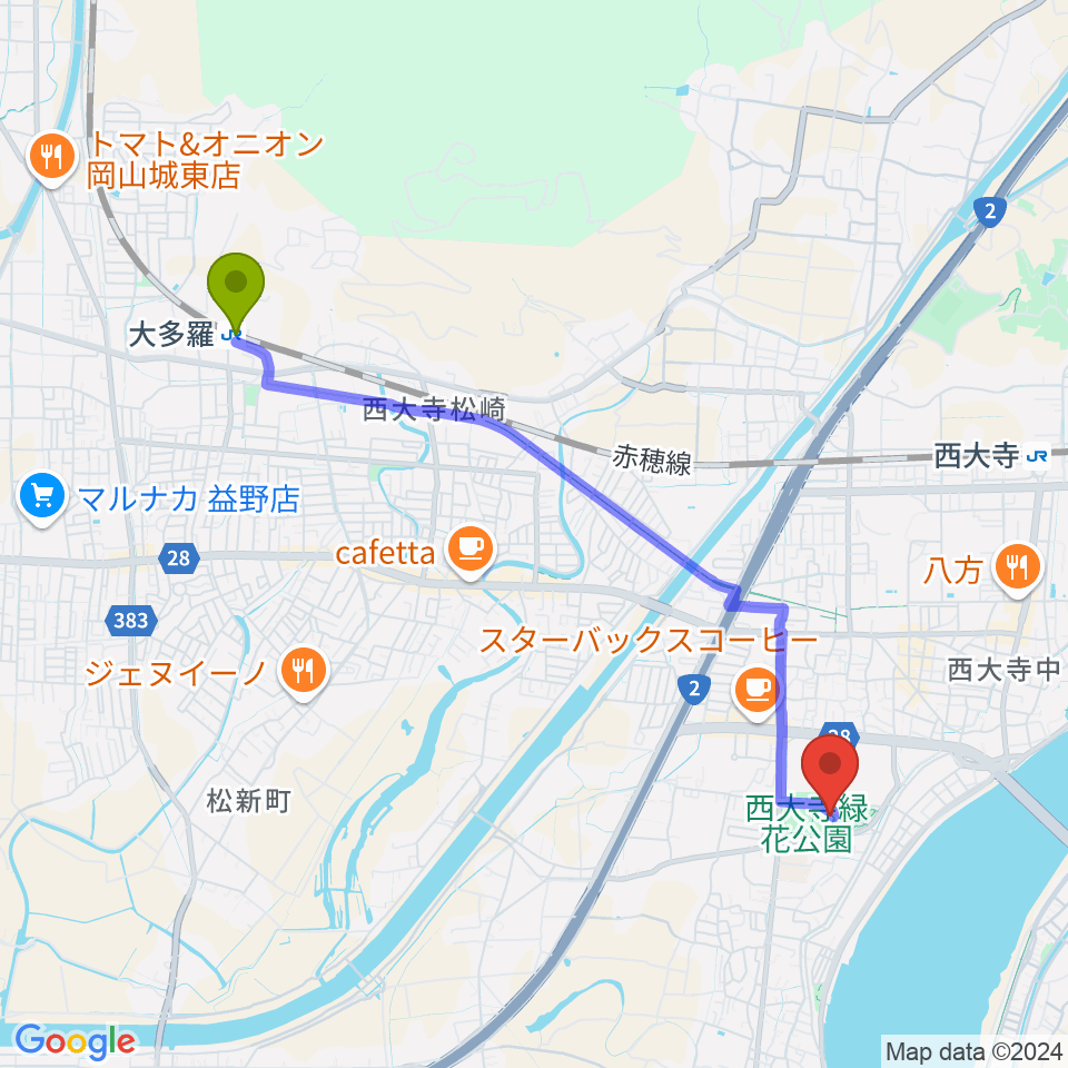 大多羅駅から西大寺緑花公園・百花プラザへのルートマップ地図