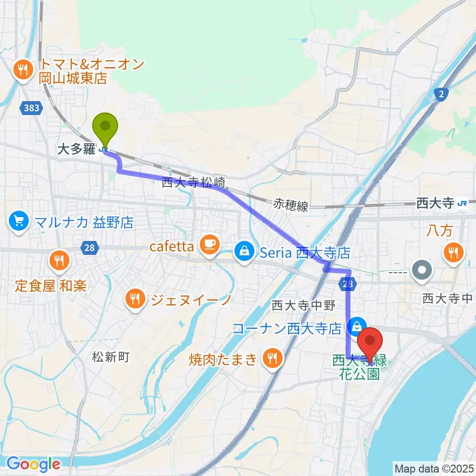 大多羅駅から西大寺緑花公園・百花プラザへのルートマップ地図