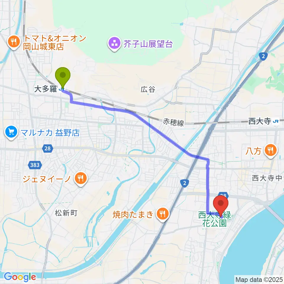 大多羅駅から西大寺緑花公園・百花プラザへのルートマップ地図
