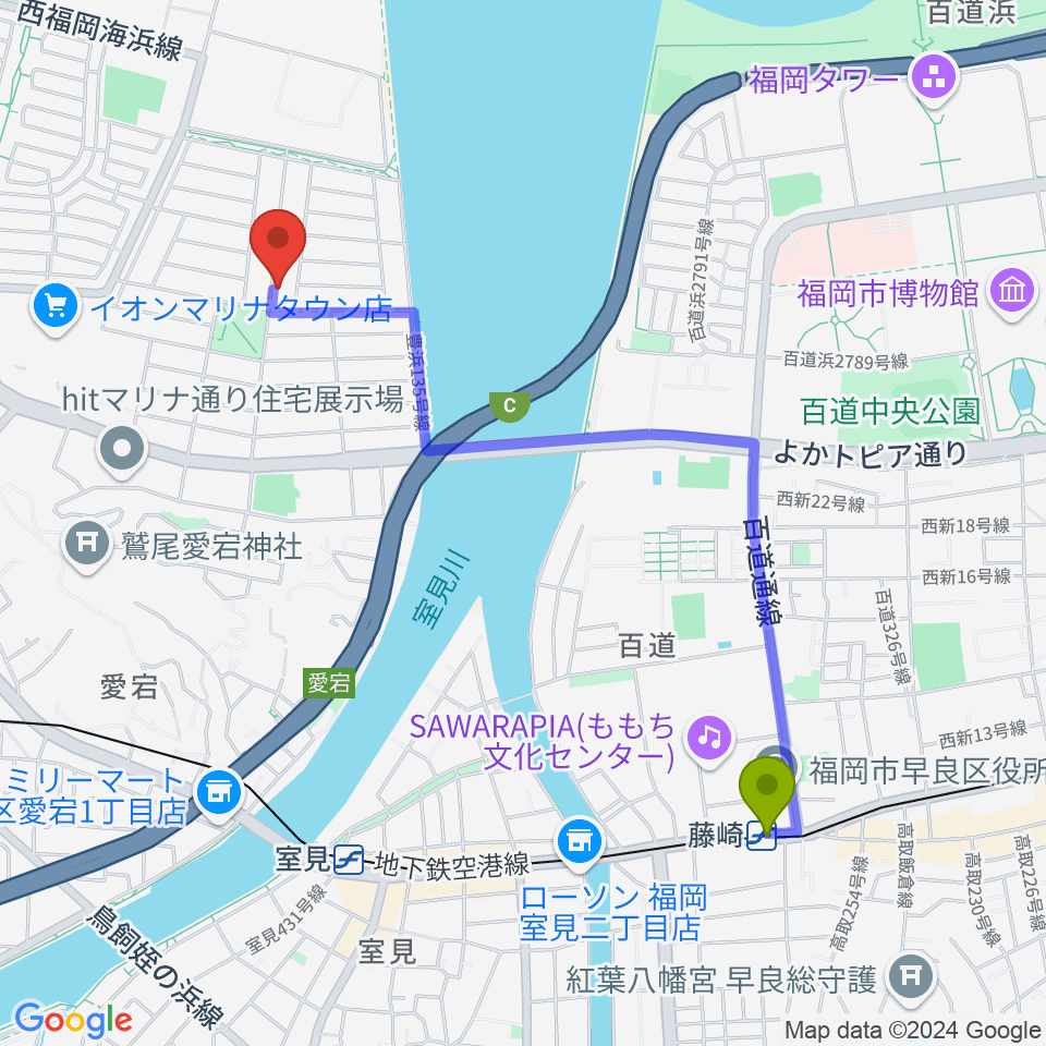 藤崎駅からブラボー音楽教室へのルートマップ地図