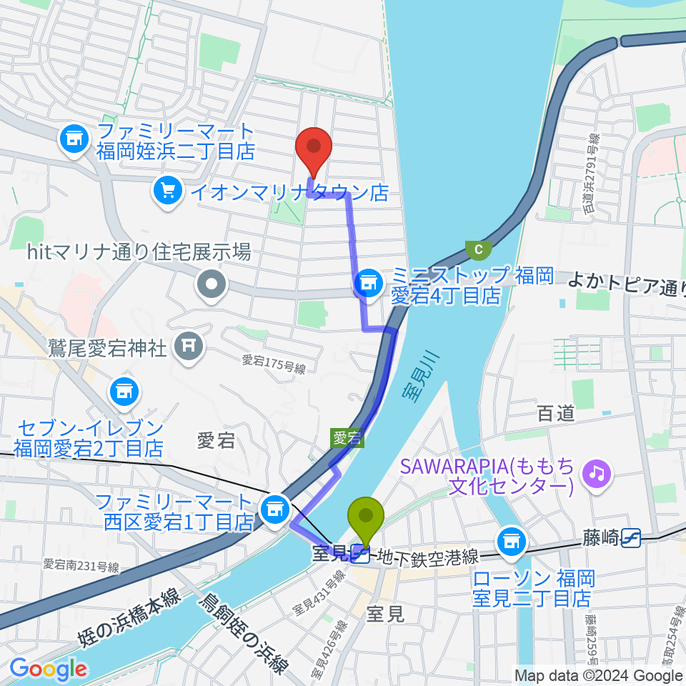 ブラボー音楽教室の最寄駅室見駅からの徒歩ルート（約17分）地図