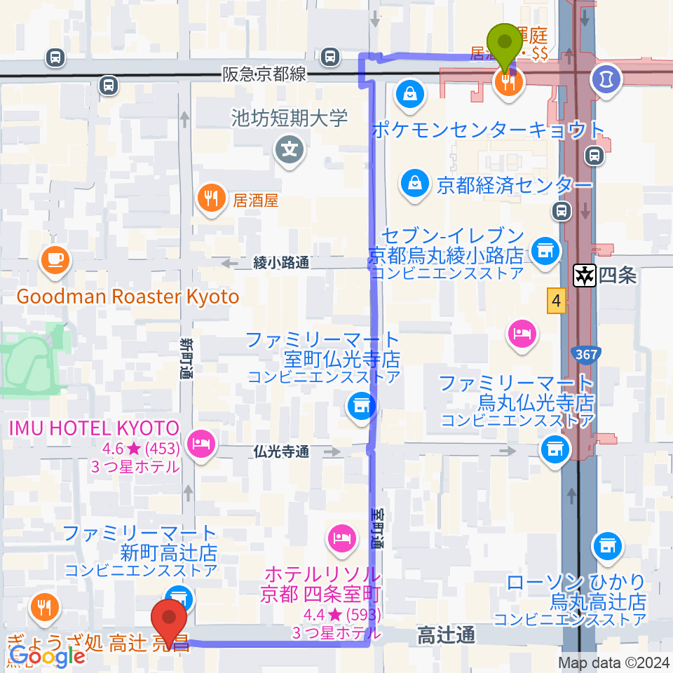 ティーステップの最寄駅烏丸駅からの徒歩ルート（約8分）地図