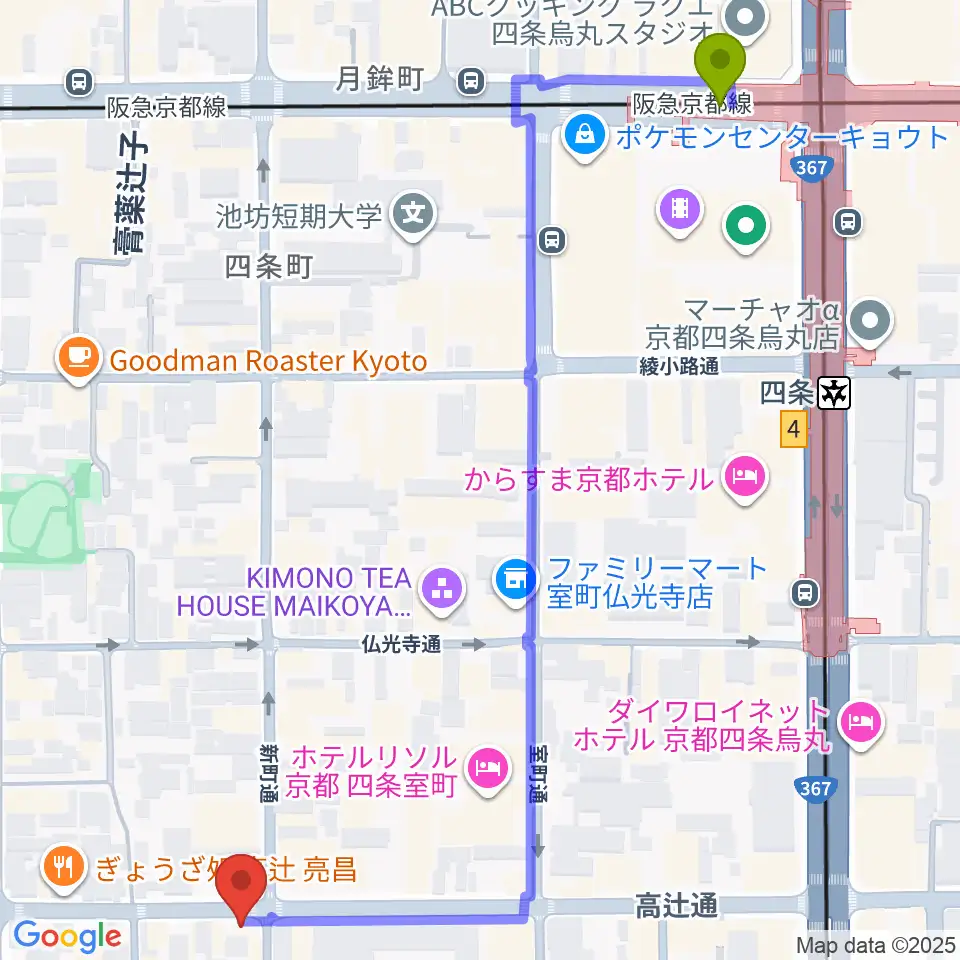 ティーステップの最寄駅烏丸駅からの徒歩ルート（約8分）地図