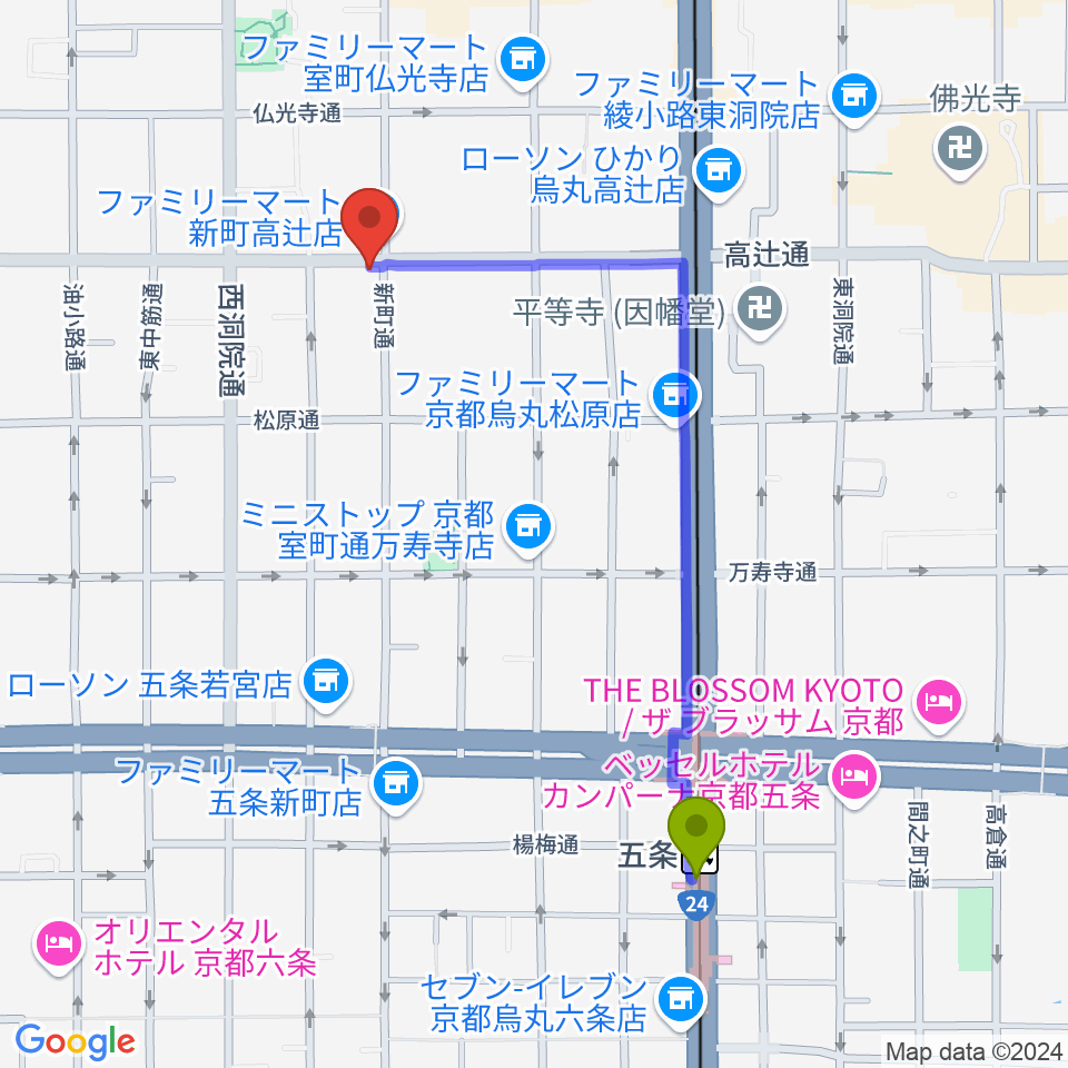 五条駅からティーステップへのルートマップ地図