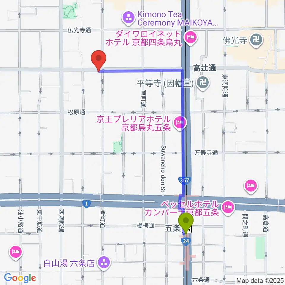 五条駅からティーステップへのルートマップ地図