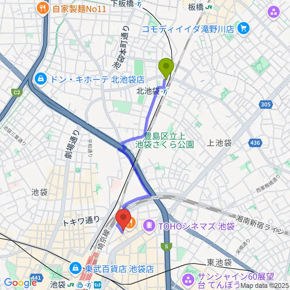 北池袋駅から新文芸坐へのルートマップ地図