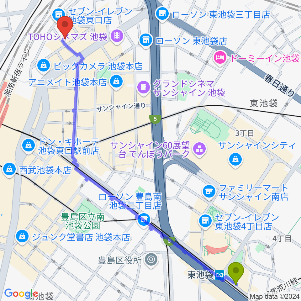 東池袋駅から新文芸坐へのルートマップ地図