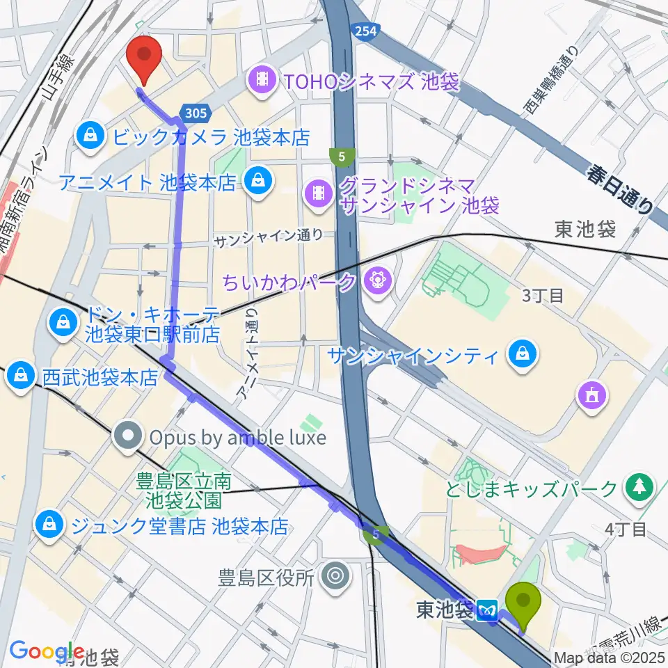 東池袋駅から新文芸坐へのルートマップ地図