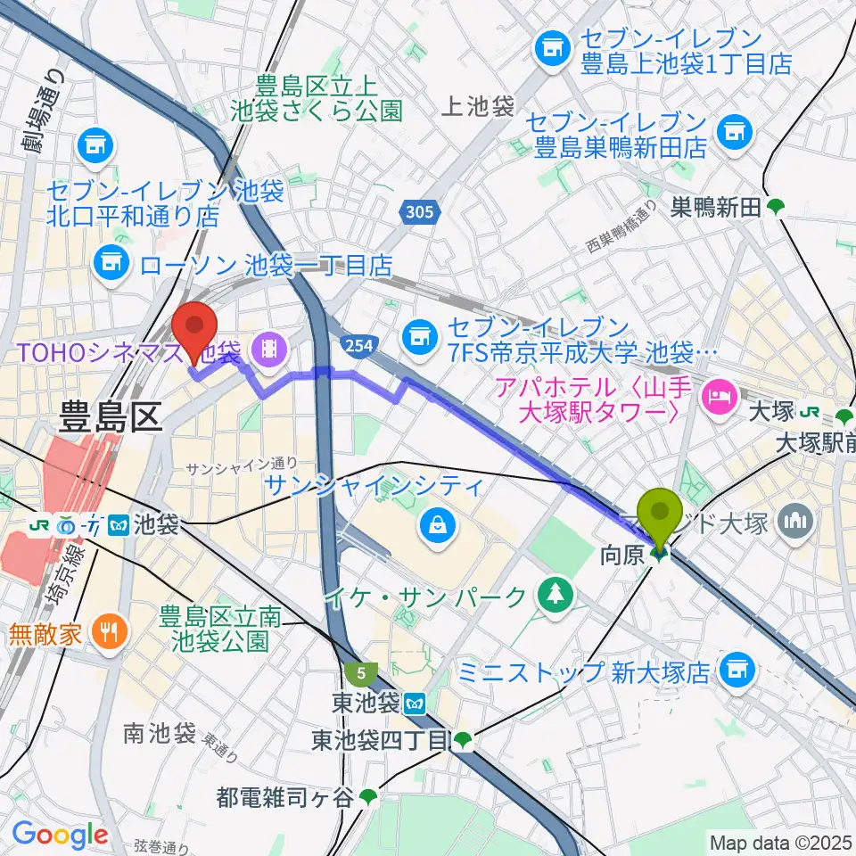 向原駅から新文芸坐へのルートマップ地図