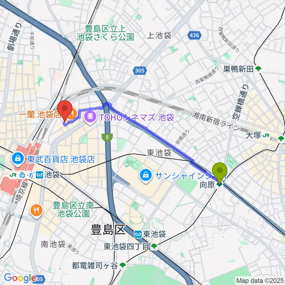 向原駅から新文芸坐へのルートマップ地図
