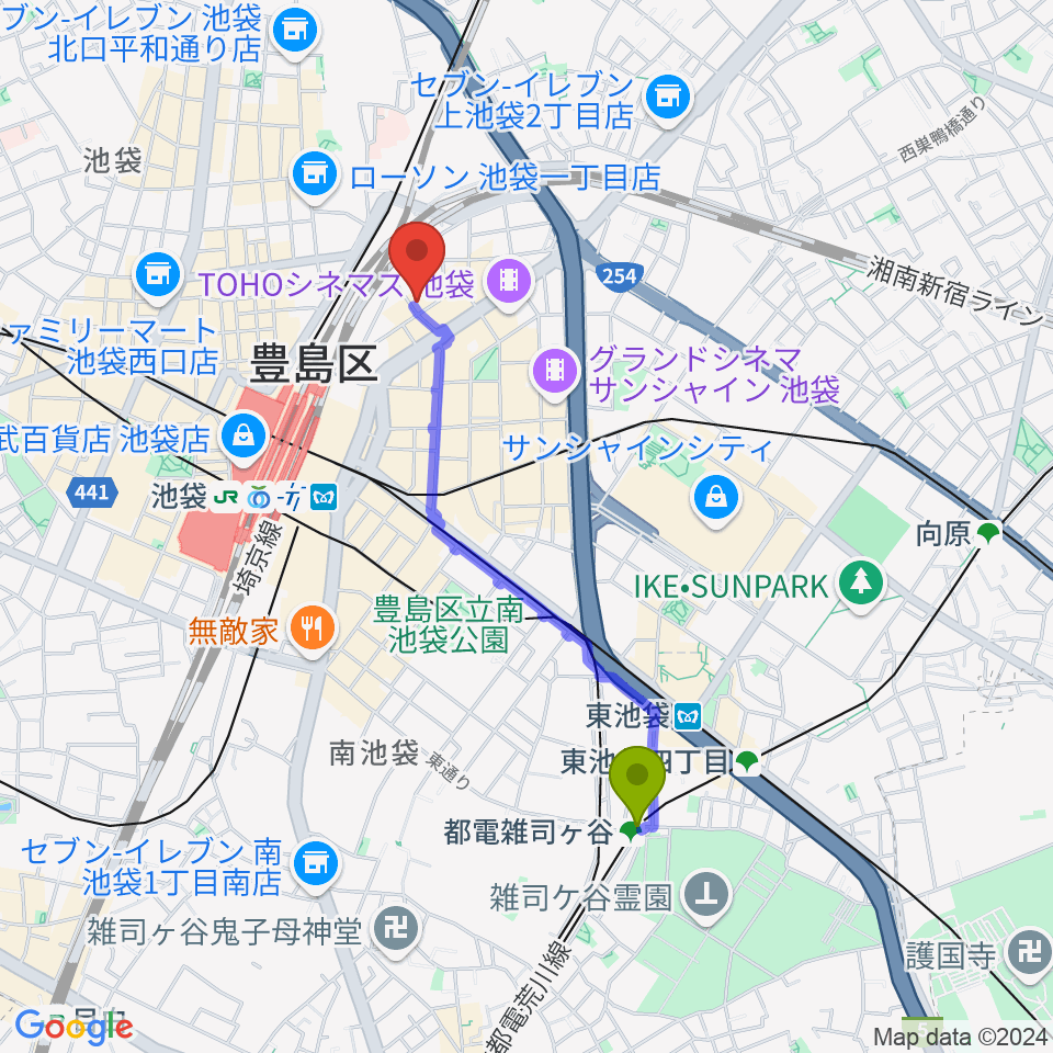 都電雑司ヶ谷駅から新文芸坐へのルートマップ地図