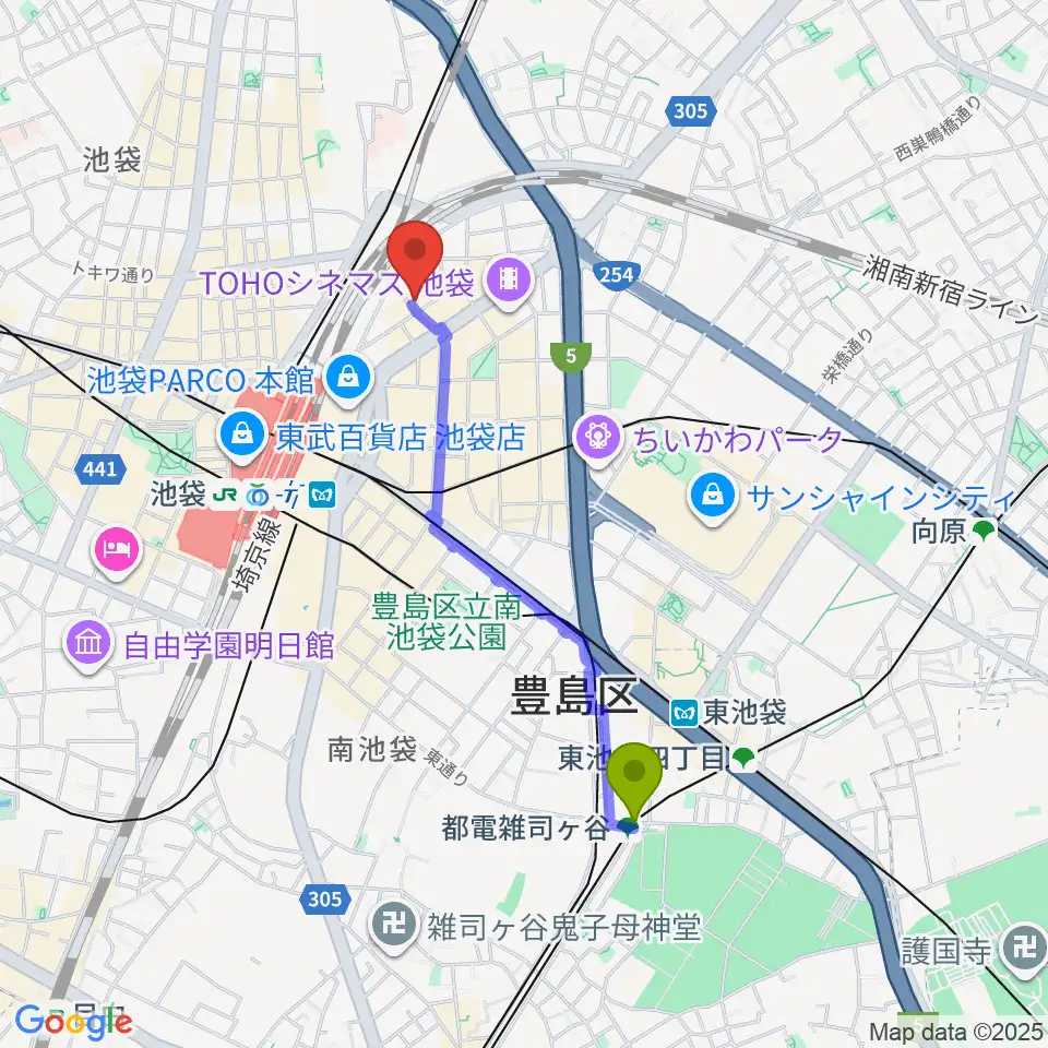 都電雑司ヶ谷駅から新文芸坐へのルートマップ地図