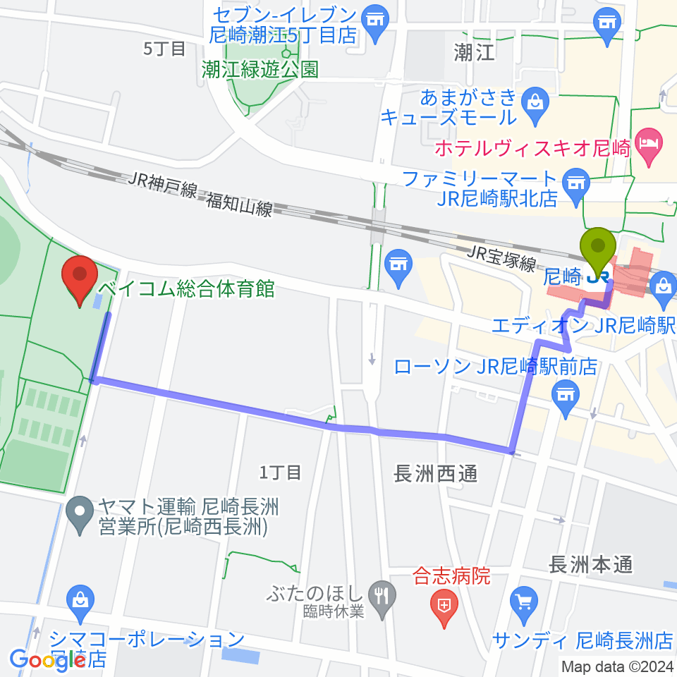 ベイコム総合体育館の最寄駅尼崎駅からの徒歩ルート（約12分）地図