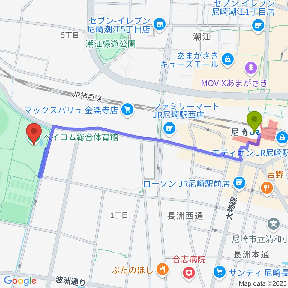 ベイコム総合体育館の最寄駅尼崎駅からの徒歩ルート（約12分）地図