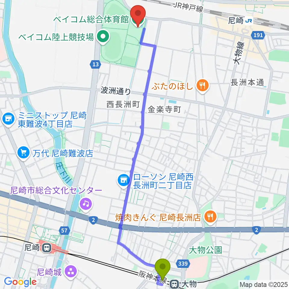 大物駅からベイコム総合体育館へのルートマップ地図