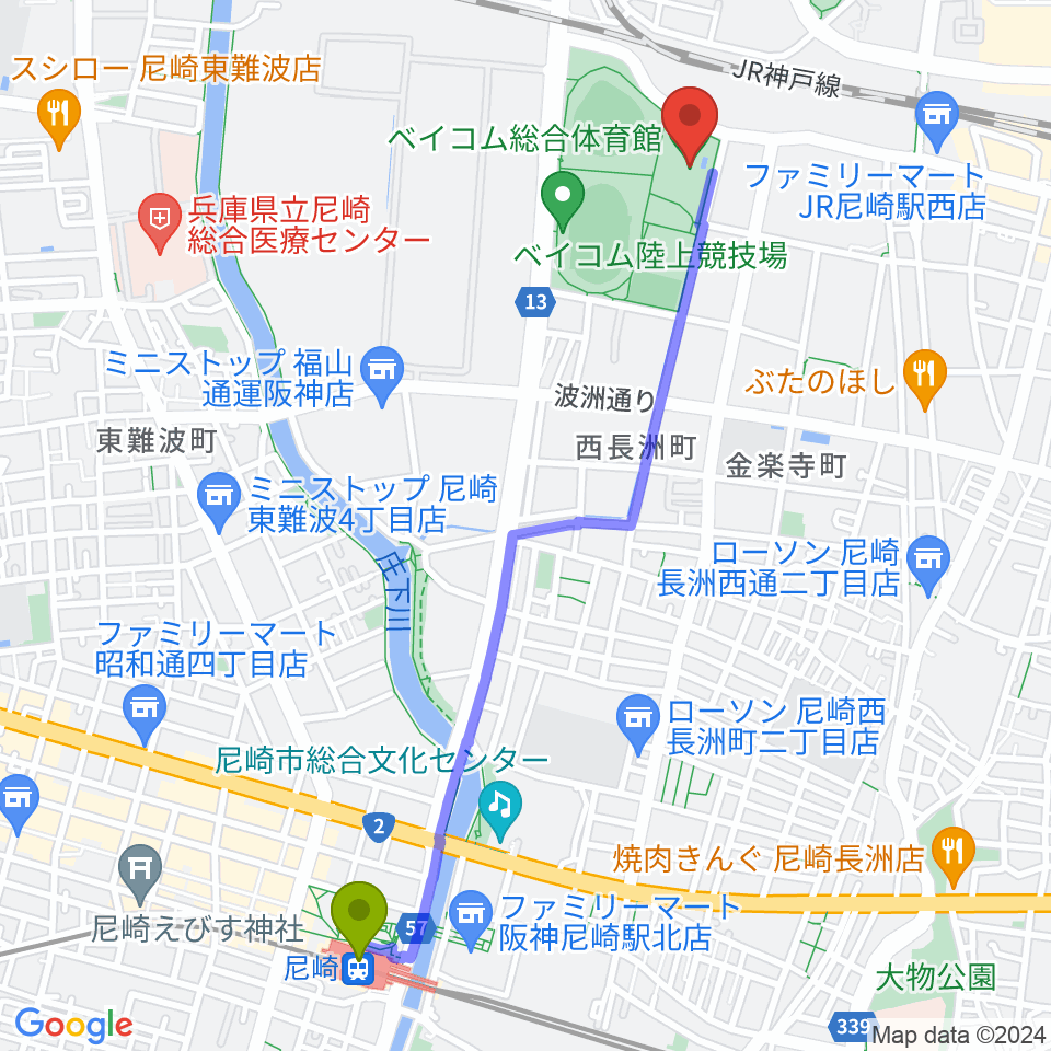 尼崎駅からベイコム総合体育館へのルートマップ地図