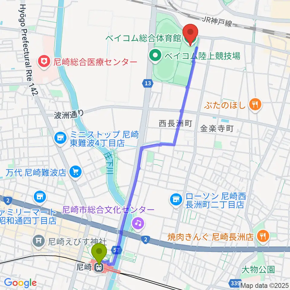 尼崎駅からベイコム総合体育館へのルートマップ地図