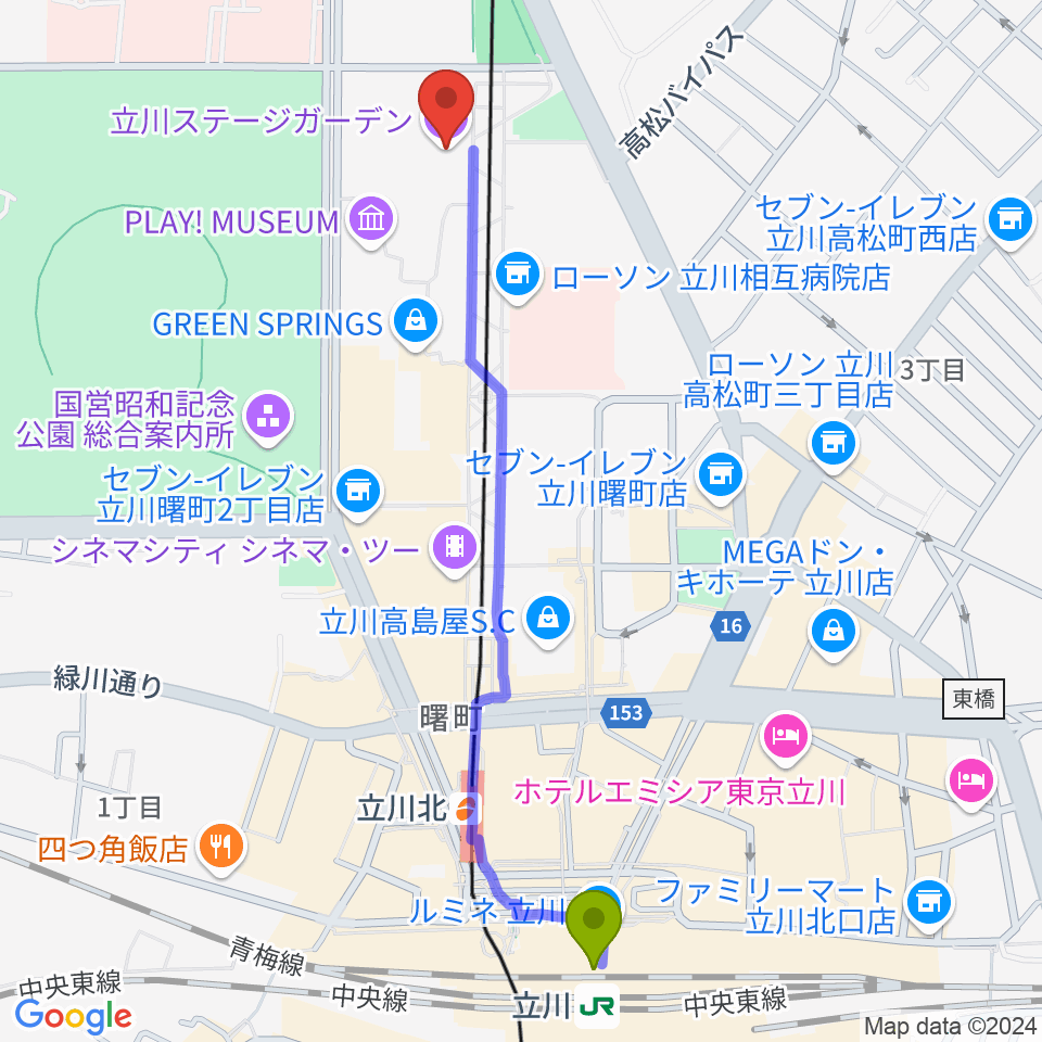 立川駅から立川ステージガーデンへのルートマップ地図