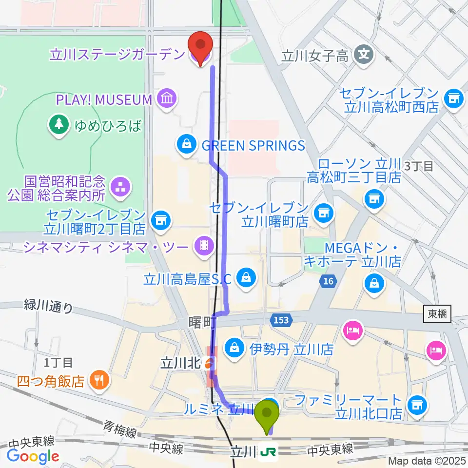 立川駅から立川ステージガーデンへのルートマップ地図