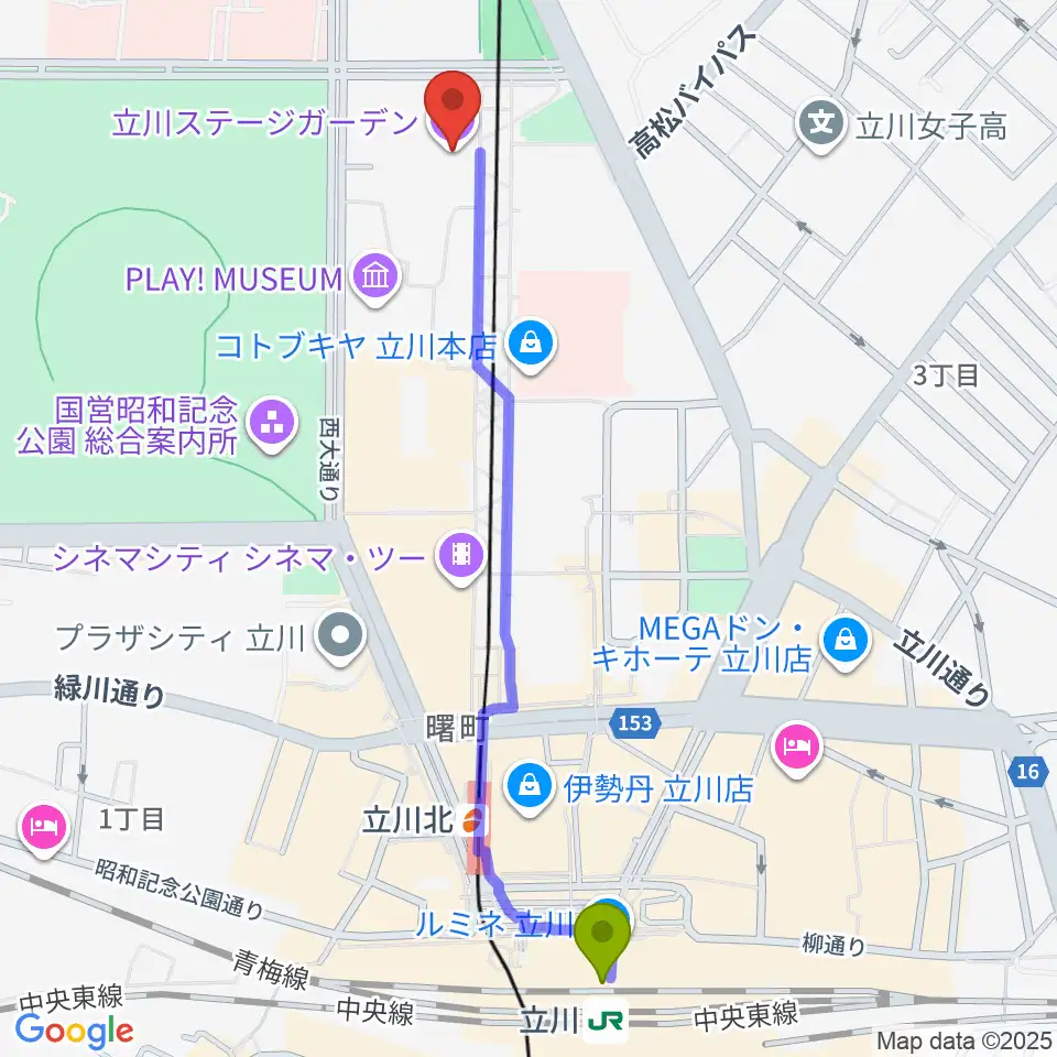 立川駅から立川ステージガーデンへのルートマップ地図