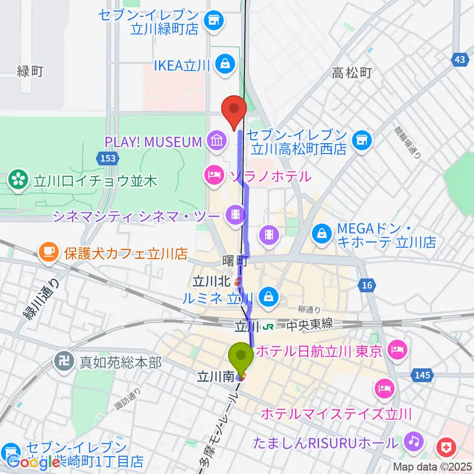 立川南駅から立川ステージガーデンへのルートマップ地図