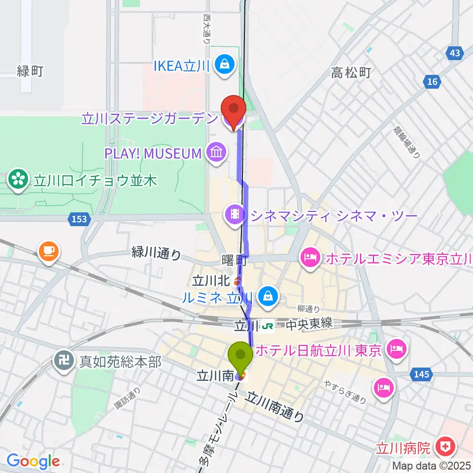 立川南駅から立川ステージガーデンへのルートマップ地図